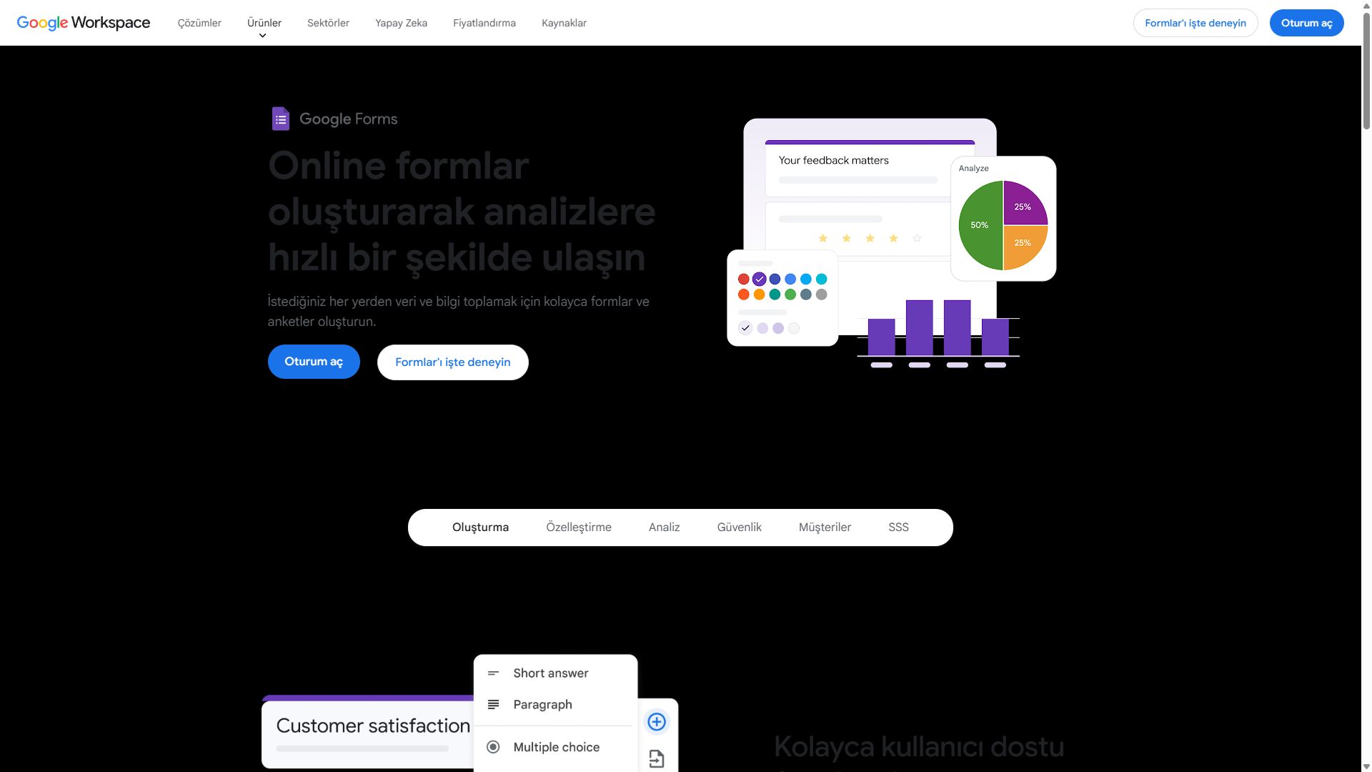 Google Forms homepage showing the free survey and form tool