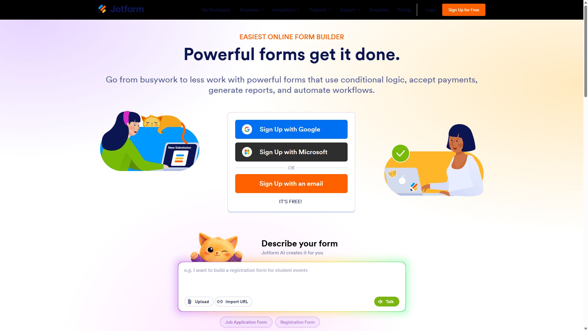 Jotform homepage with its drag-and-drop form builder