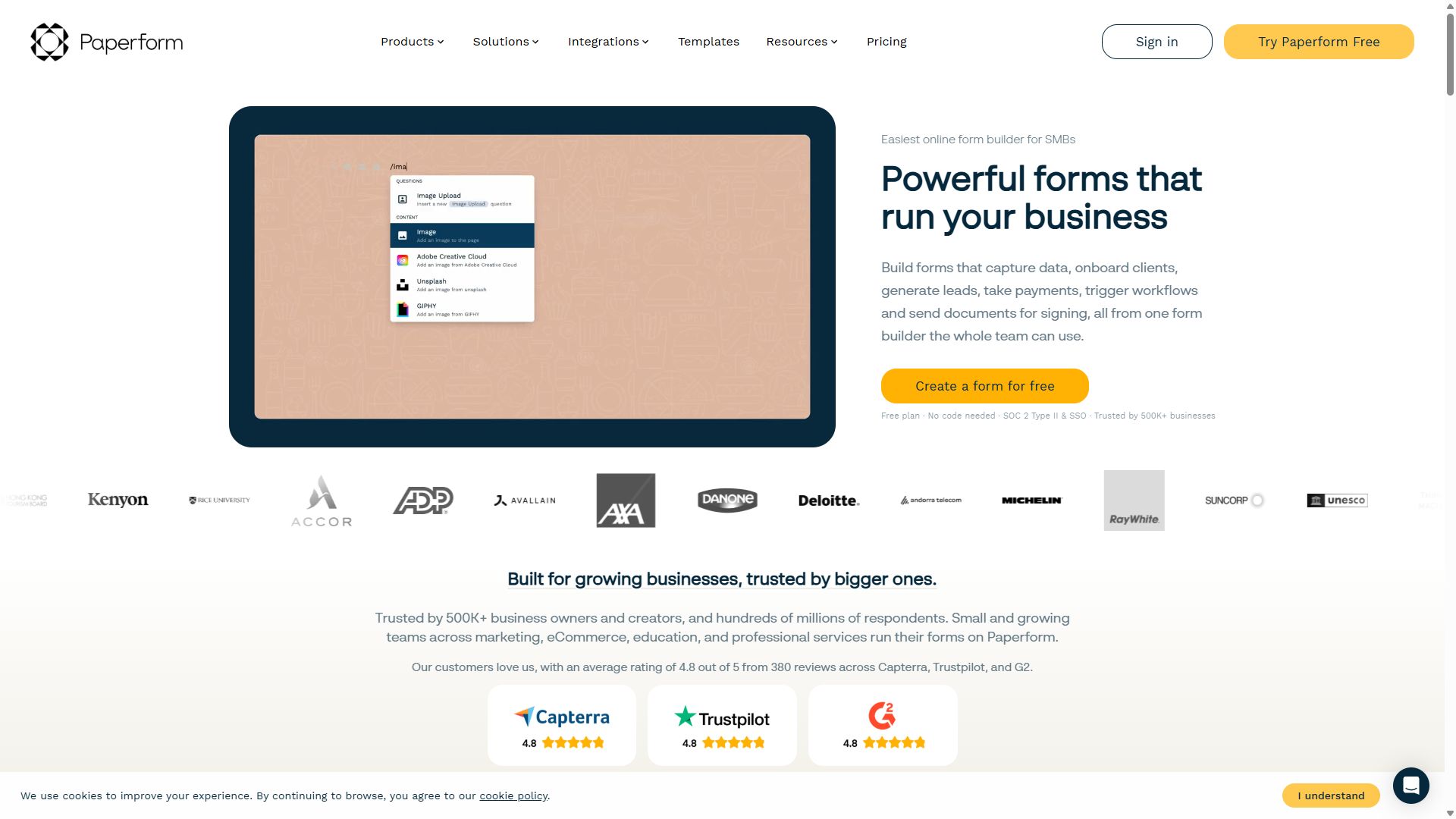 Paperform homepage showing landing-page-style order forms
